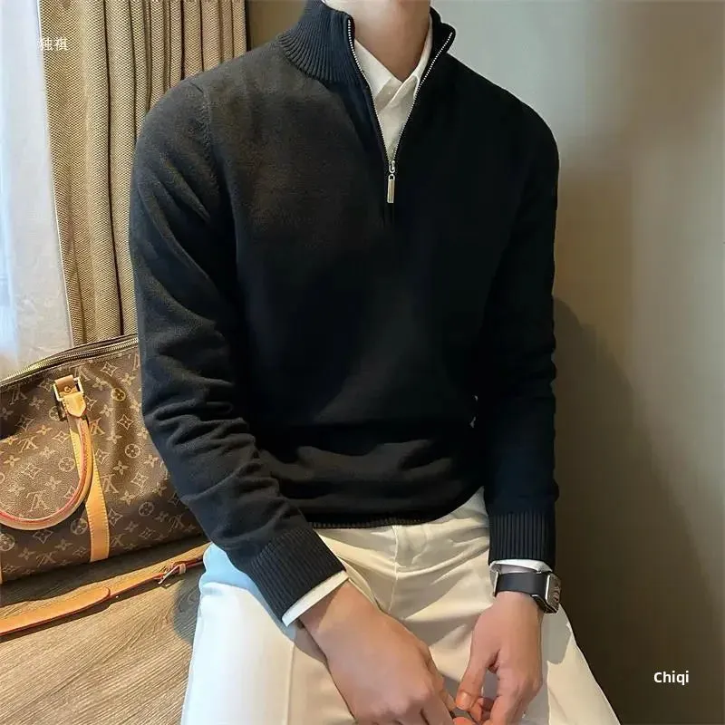 Old Era Fashion Men’s Zip Neck Knitted Jumper – Old Money Style High Neck Pullover