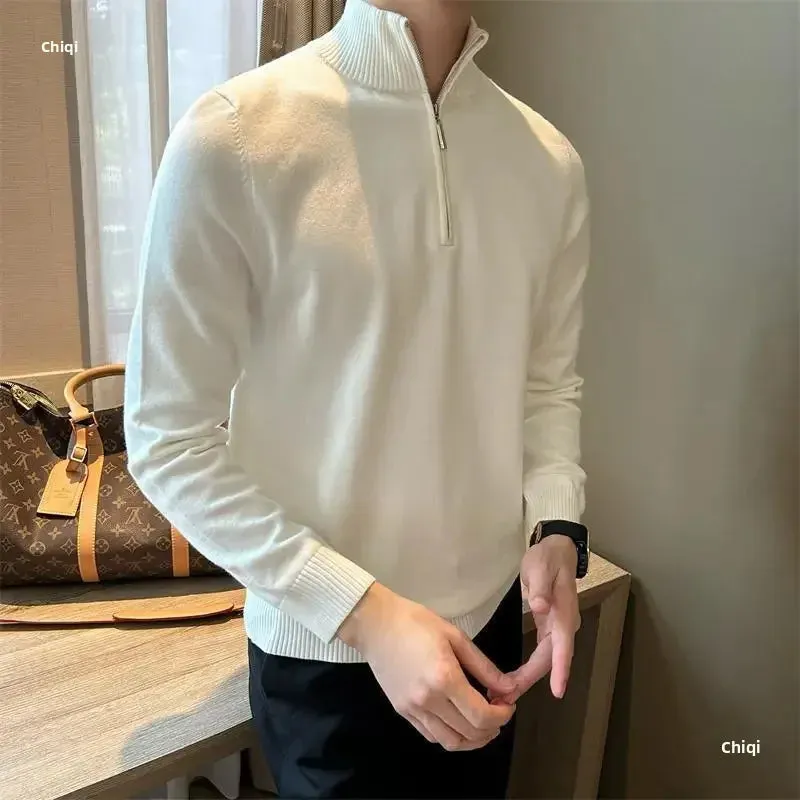 Old Era Fashion Men’s Zip Neck Knitted Jumper – Old Money Style High Neck Pullover