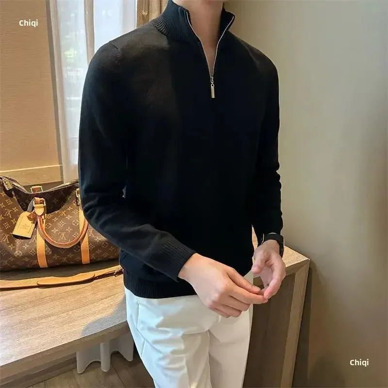 Old Era Fashion Men’s Zip Neck Knitted Jumper – Old Money Style High Neck Pullover