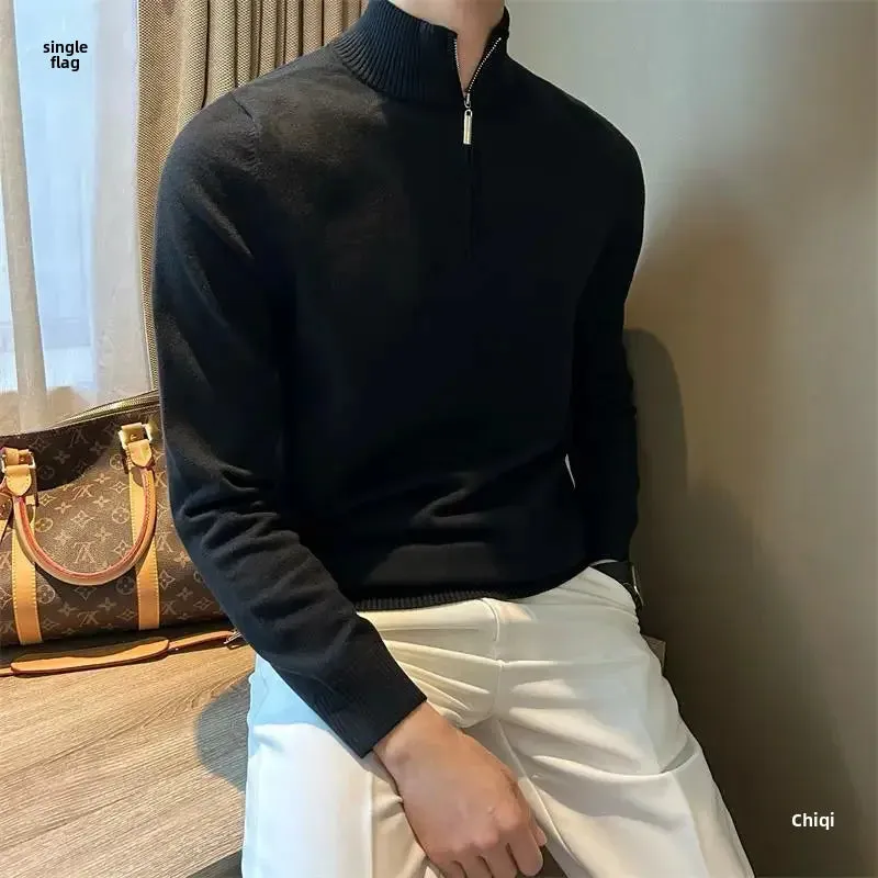 Old Era Fashion Men’s Zip Neck Knitted Jumper – Old Money Style High Neck Pullover