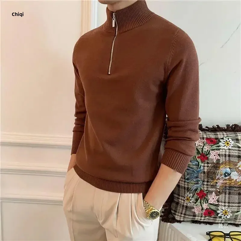 Old Era Fashion Men’s Zip Neck Knitted Jumper – Old Money Style High Neck Pullover