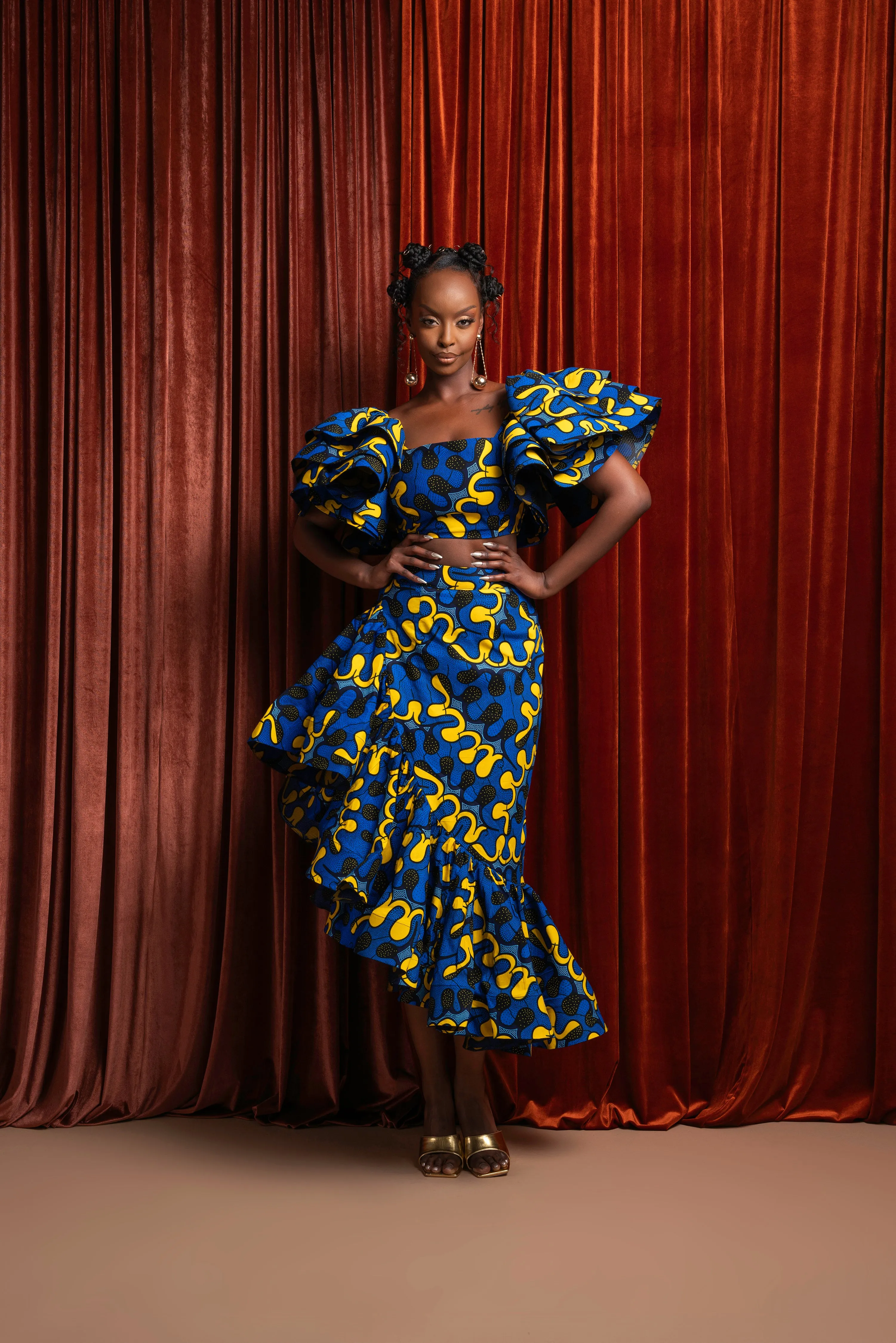 OPE African Print Layered Ruffle sleeve Crop Top