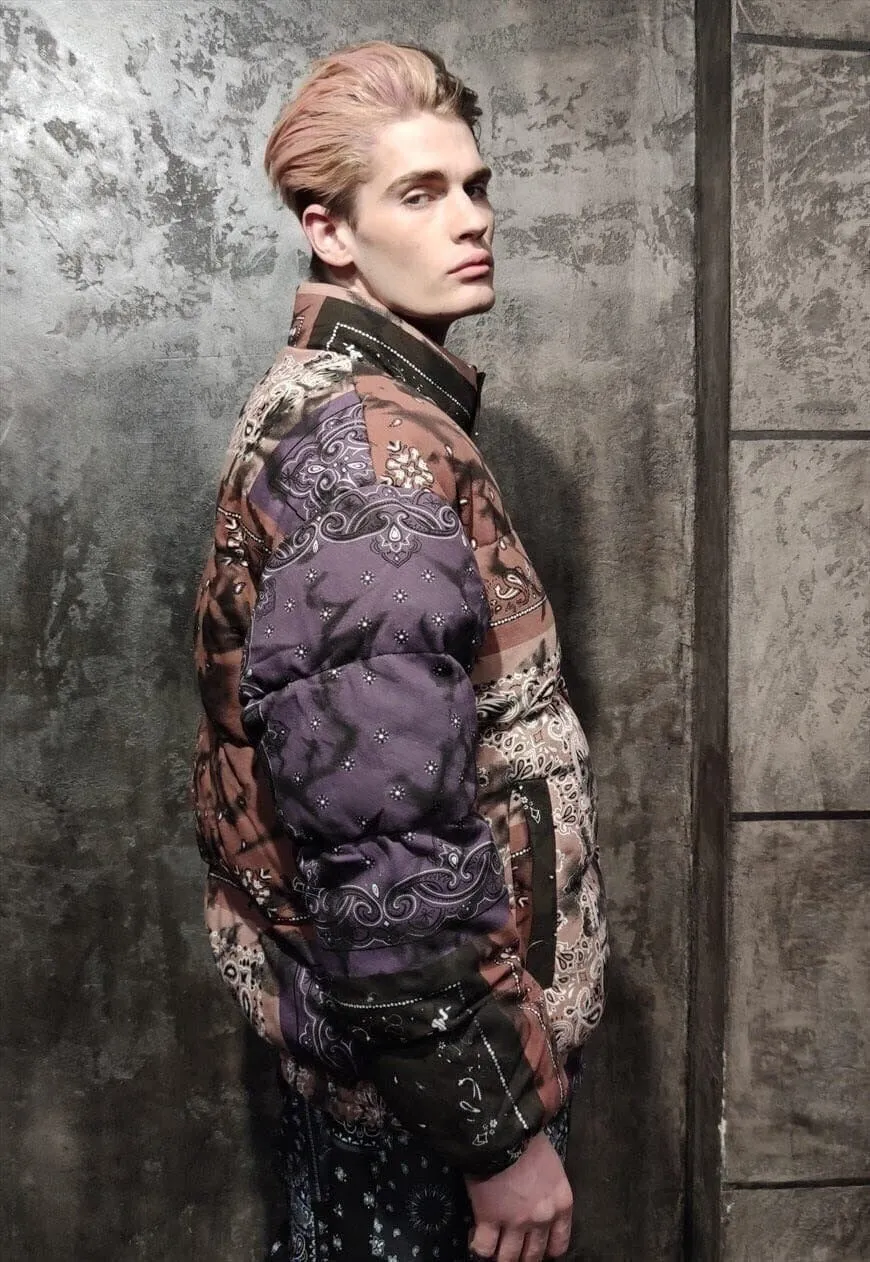 Paisley bomber tie-dye bandana jacket grunge coat fade brown