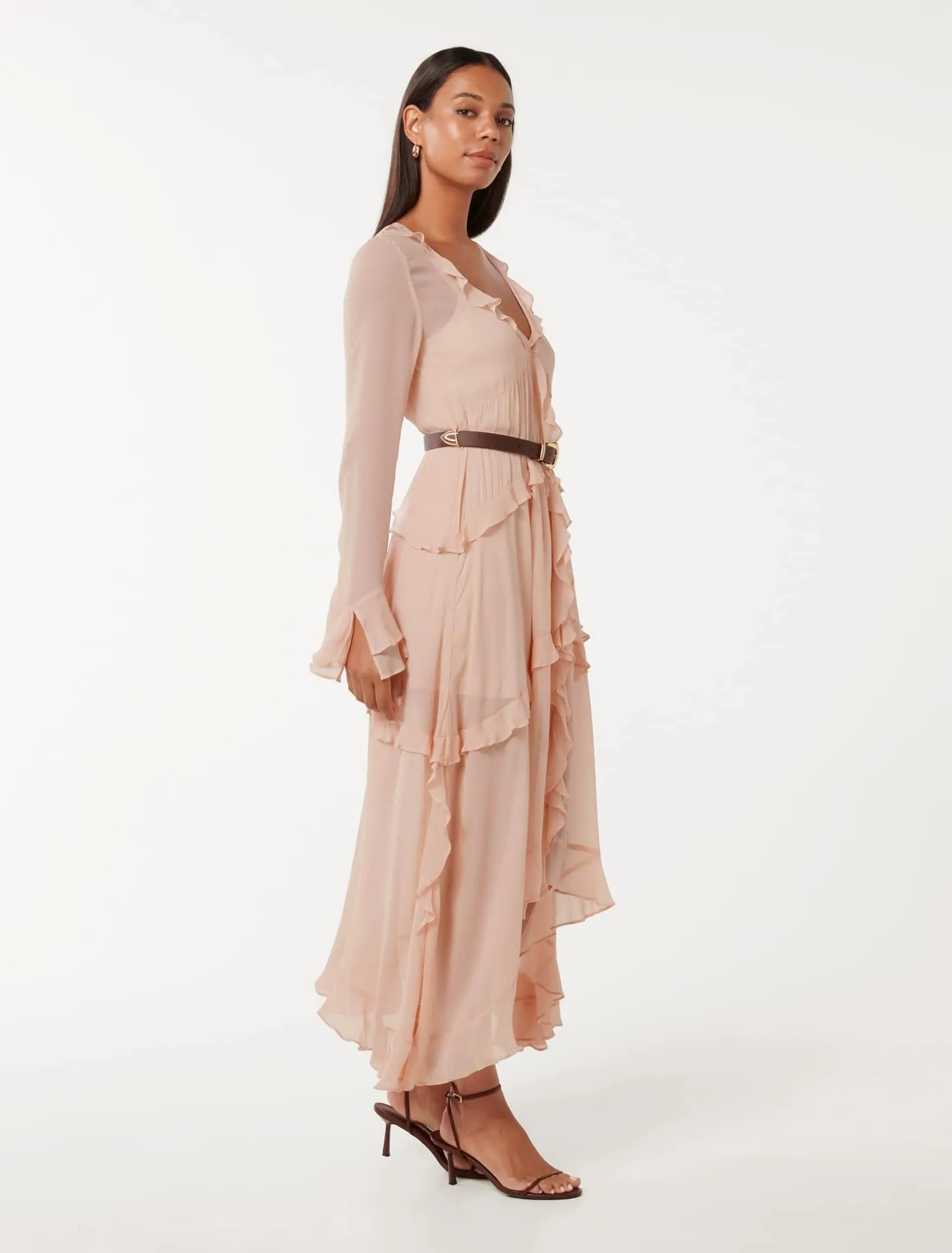 Pearl Belted Frill Midi Dress