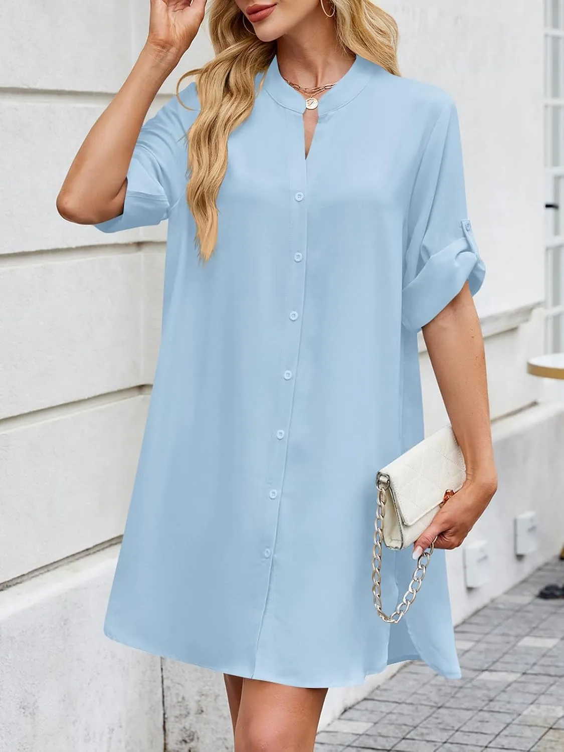 PerZeal Womens Sexy V Neck Button Down Shirt Dresses Summer Short Sleeve Casual Loose Blouses & Button-Down Shifts Cover Ups