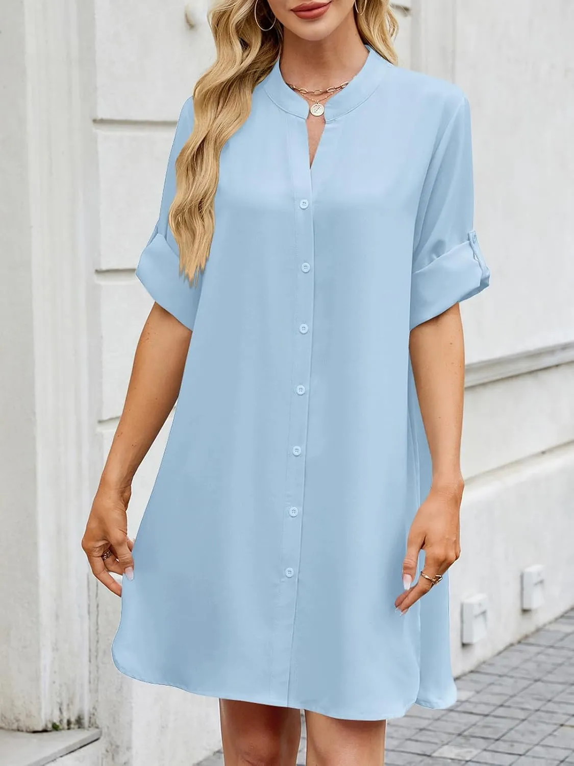 PerZeal Womens Sexy V Neck Button Down Shirt Dresses Summer Short Sleeve Casual Loose Blouses & Button-Down Shifts Cover Ups