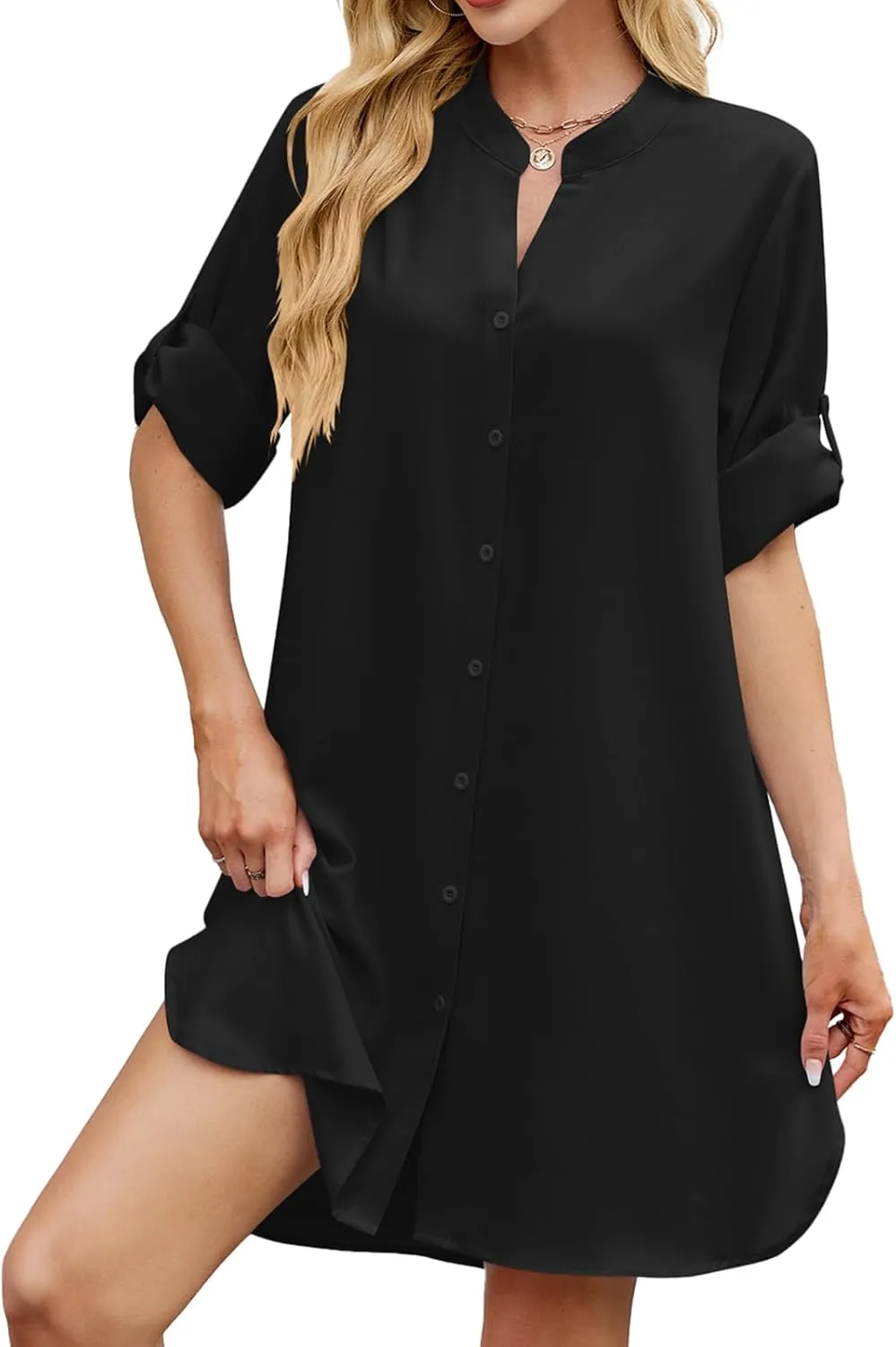 PerZeal Womens Sexy V Neck Button Down Shirt Dresses Summer Short Sleeve Casual Loose Blouses & Button-Down Shifts Cover Ups