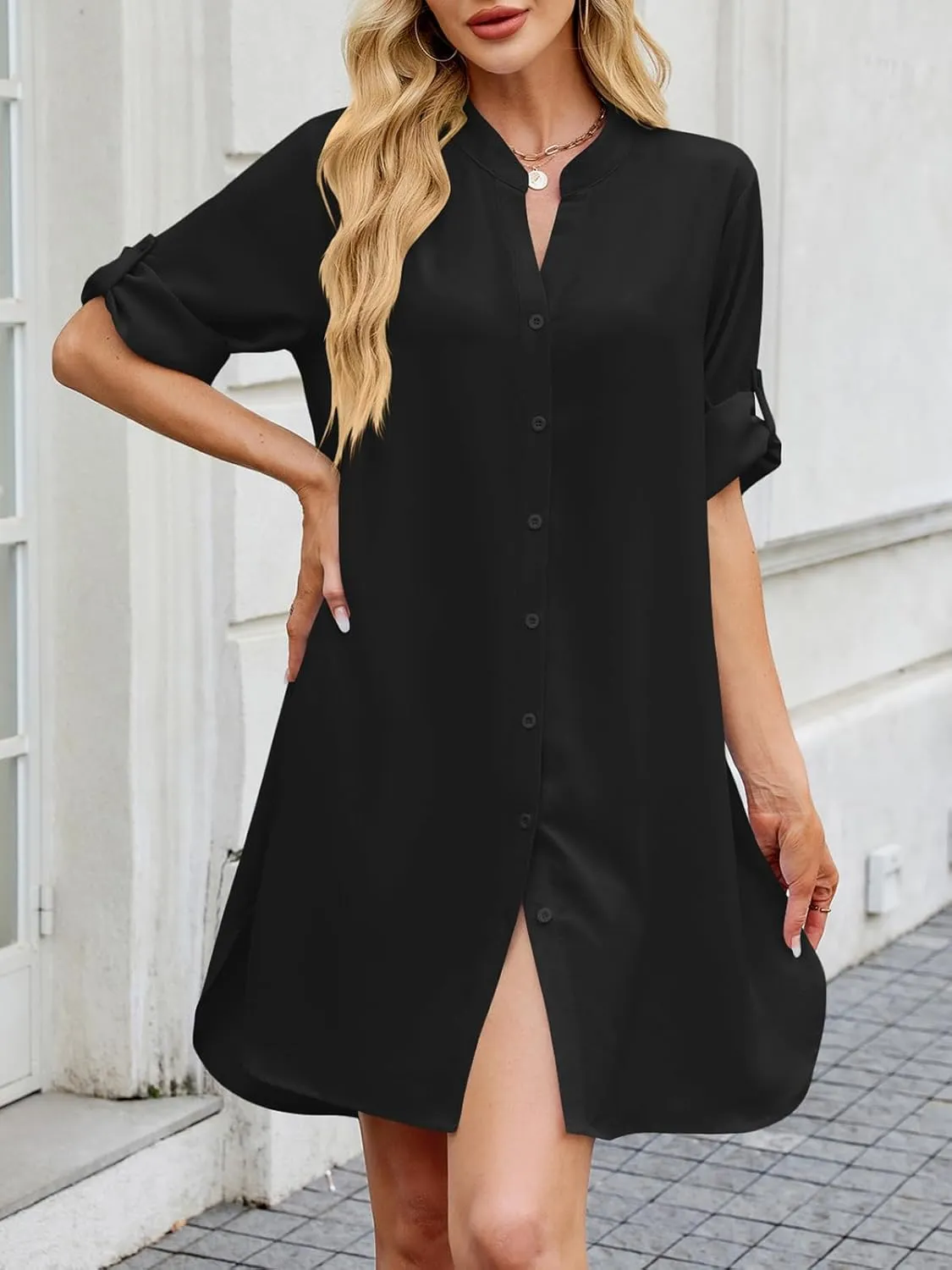 PerZeal Womens Sexy V Neck Button Down Shirt Dresses Summer Short Sleeve Casual Loose Blouses & Button-Down Shifts Cover Ups