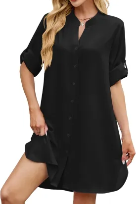 PerZeal Womens Sexy V Neck Button Down Shirt Dresses Summer Short Sleeve Casual Loose Blouses & Button-Down Shifts Cover Ups