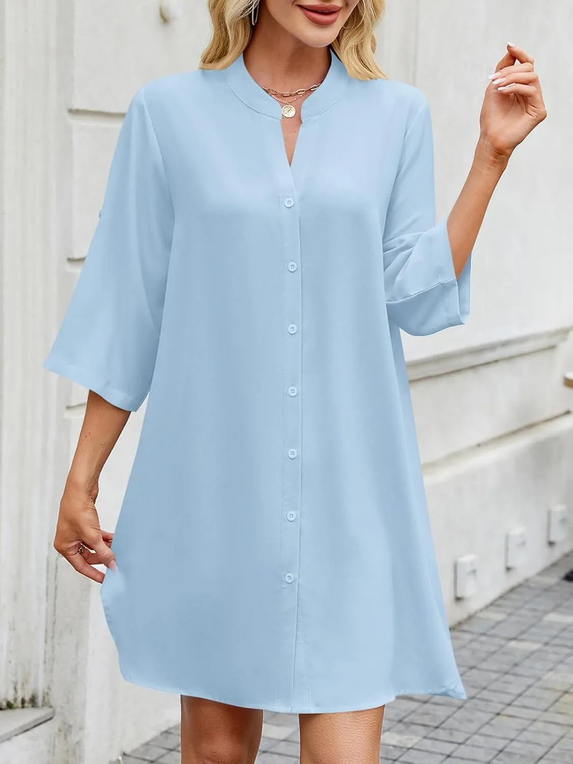 PerZeal Womens Sexy V Neck Button Down Shirt Dresses Summer Short Sleeve Casual Loose Blouses & Button-Down Shifts Cover Ups