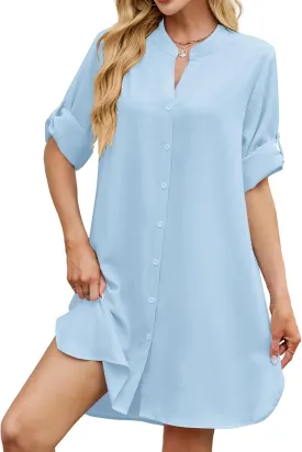 PerZeal Womens Sexy V Neck Button Down Shirt Dresses Summer Short Sleeve Casual Loose Blouses & Button-Down Shifts Cover Ups