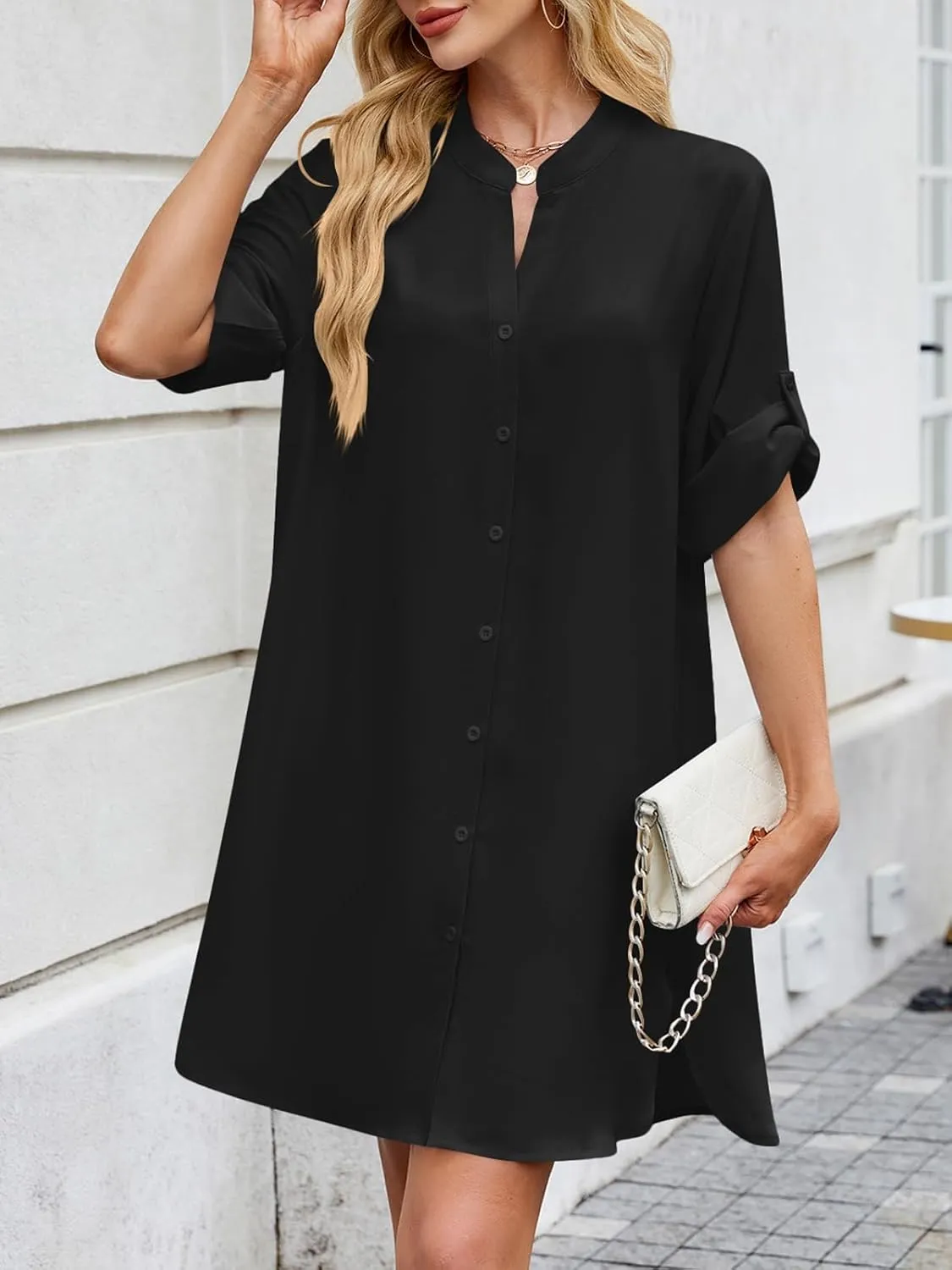 PerZeal Womens Sexy V Neck Button Down Shirt Dresses Summer Short Sleeve Casual Loose Blouses & Button-Down Shifts Cover Ups