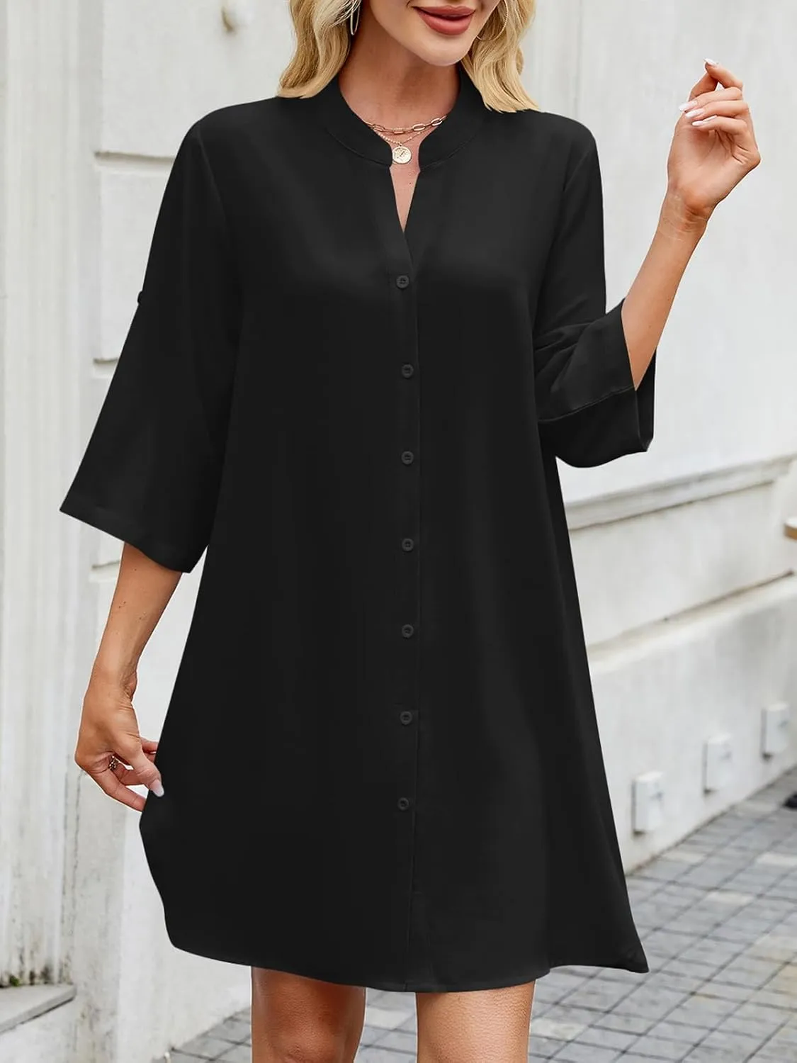 PerZeal Womens Sexy V Neck Button Down Shirt Dresses Summer Short Sleeve Casual Loose Blouses & Button-Down Shifts Cover Ups