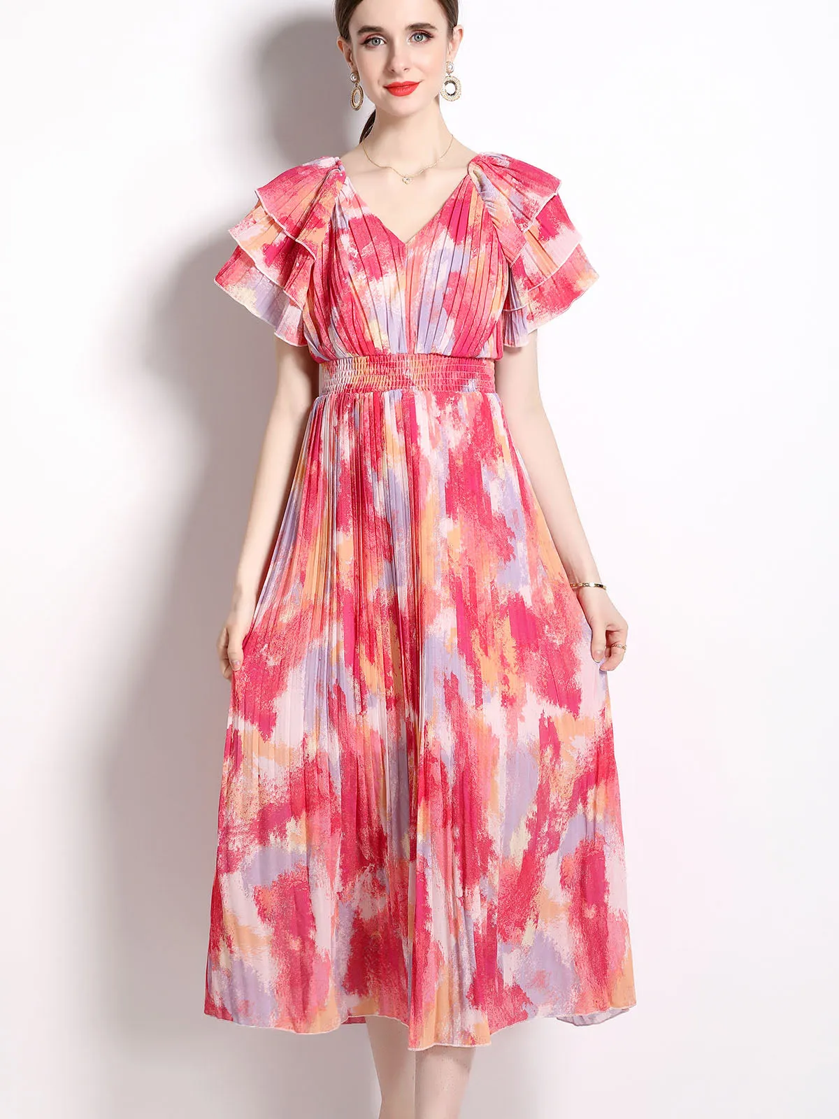 Petal Short Sleeves V Neck High Waist Skirt Beach Boho Dress