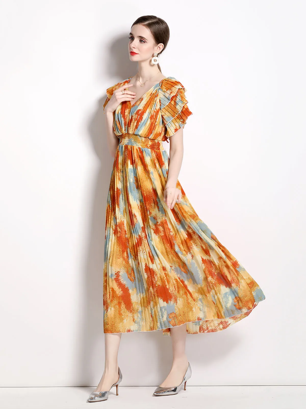 Petal Short Sleeves V Neck High Waist Skirt Beach Boho Dress