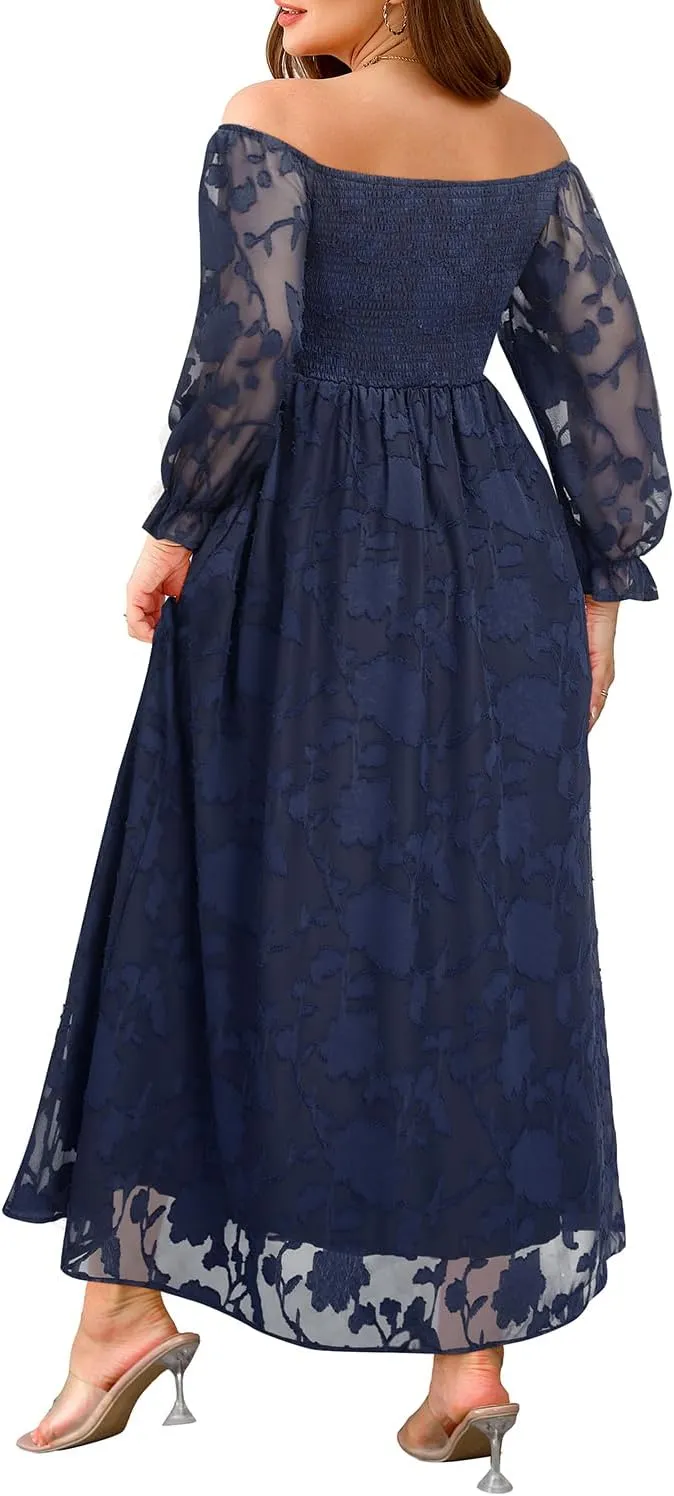 Plus Size Summer Dresses - Boho Casual Off Shoulder Floral Long Maxi Dress with Pockets
