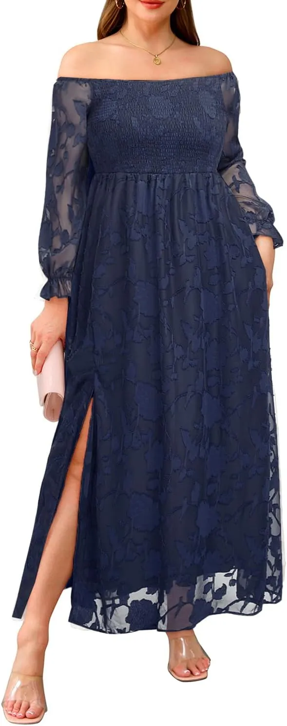 Plus Size Summer Dresses - Boho Casual Off Shoulder Floral Long Maxi Dress with Pockets