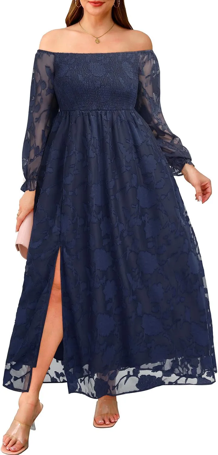 Plus Size Summer Dresses - Boho Casual Off Shoulder Floral Long Maxi Dress with Pockets