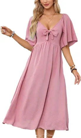 Plustrong Womens Summer Casual Short Sleeve Bow Tie V Neck Ruffle Smocked Flowy Midi Dresses