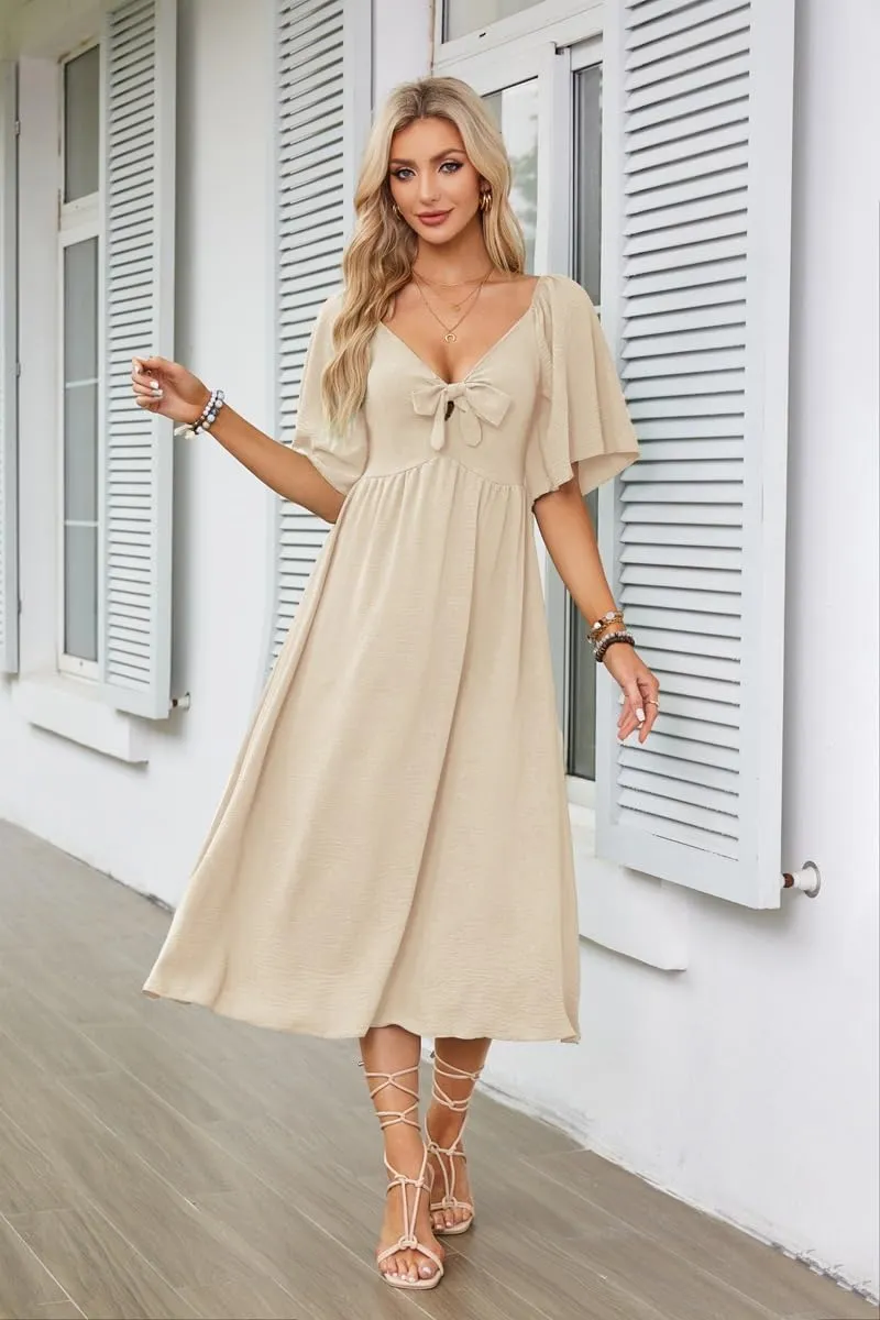 Plustrong Womens Summer Casual Short Sleeve Bow Tie V Neck Ruffle Smocked Flowy Midi Dresses