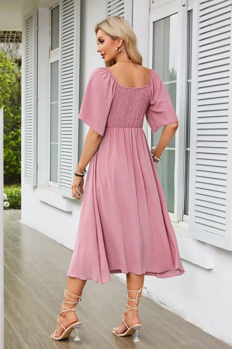 Plustrong Womens Summer Casual Short Sleeve Bow Tie V Neck Ruffle Smocked Flowy Midi Dresses