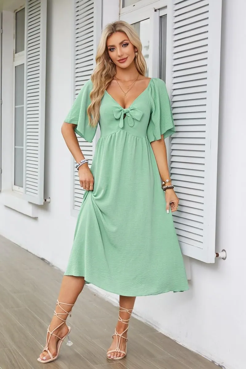 Plustrong Womens Summer Casual Short Sleeve Bow Tie V Neck Ruffle Smocked Flowy Midi Dresses