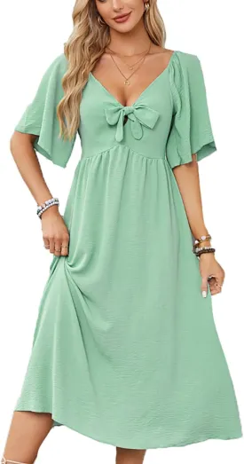 Plustrong Womens Summer Casual Short Sleeve Bow Tie V Neck Ruffle Smocked Flowy Midi Dresses