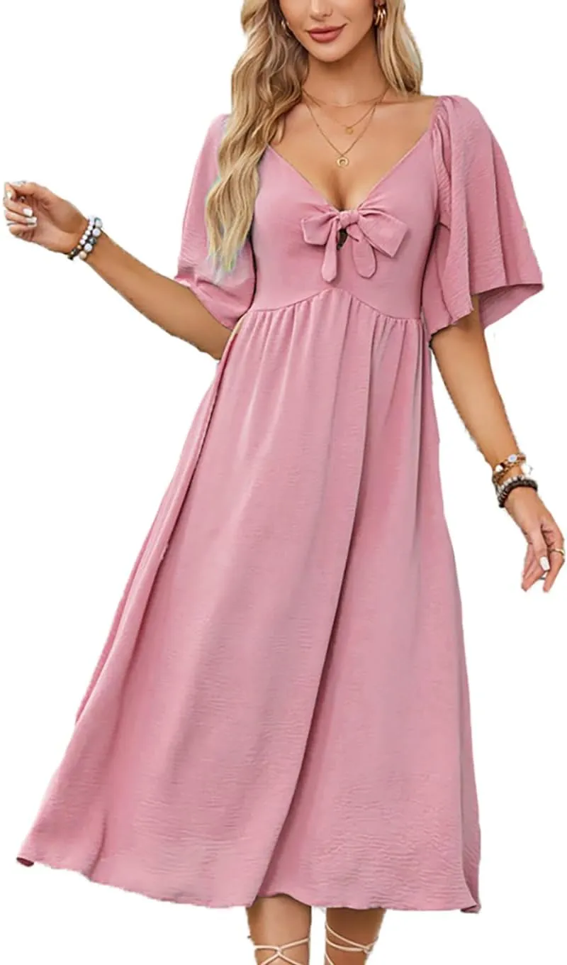 Plustrong Womens Summer Casual Short Sleeve Bow Tie V Neck Ruffle Smocked Flowy Midi Dresses