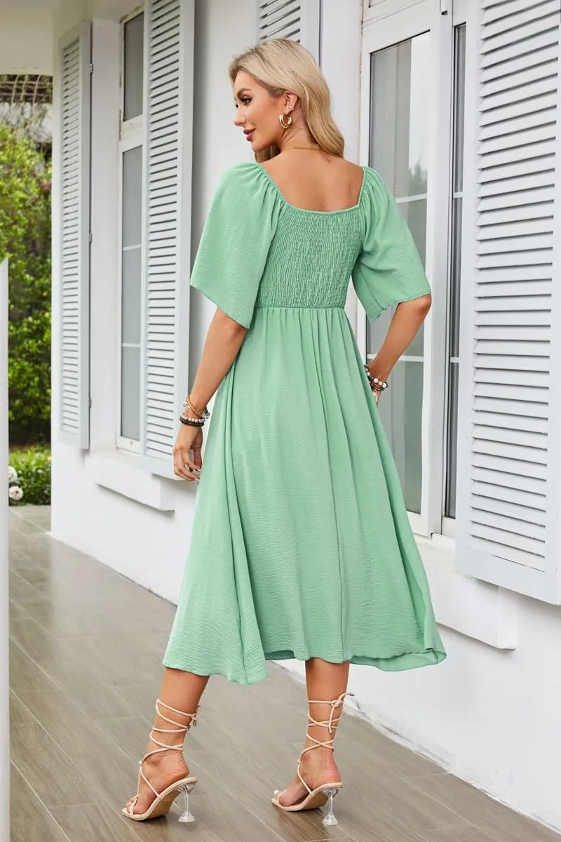Plustrong Womens Summer Casual Short Sleeve Bow Tie V Neck Ruffle Smocked Flowy Midi Dresses