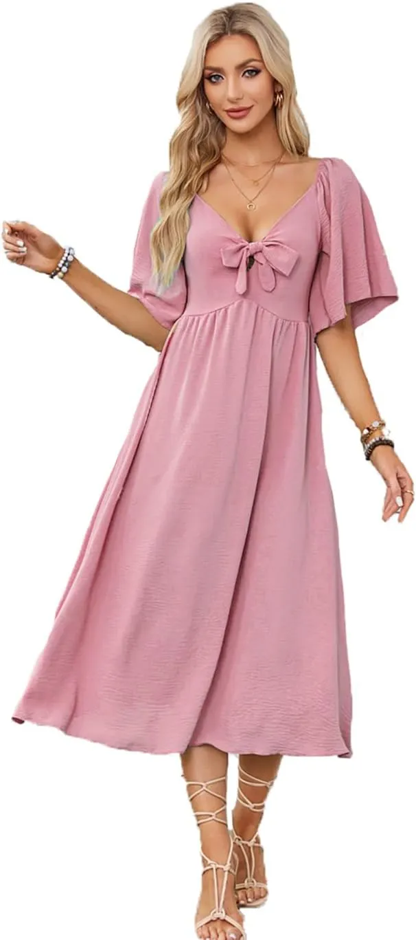 Plustrong Womens Summer Casual Short Sleeve Bow Tie V Neck Ruffle Smocked Flowy Midi Dresses