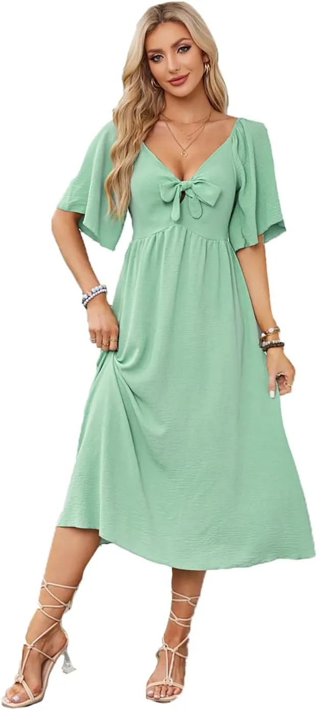 Plustrong Womens Summer Casual Short Sleeve Bow Tie V Neck Ruffle Smocked Flowy Midi Dresses