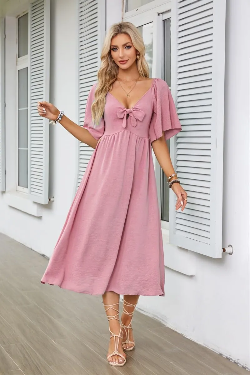 Plustrong Womens Summer Casual Short Sleeve Bow Tie V Neck Ruffle Smocked Flowy Midi Dresses