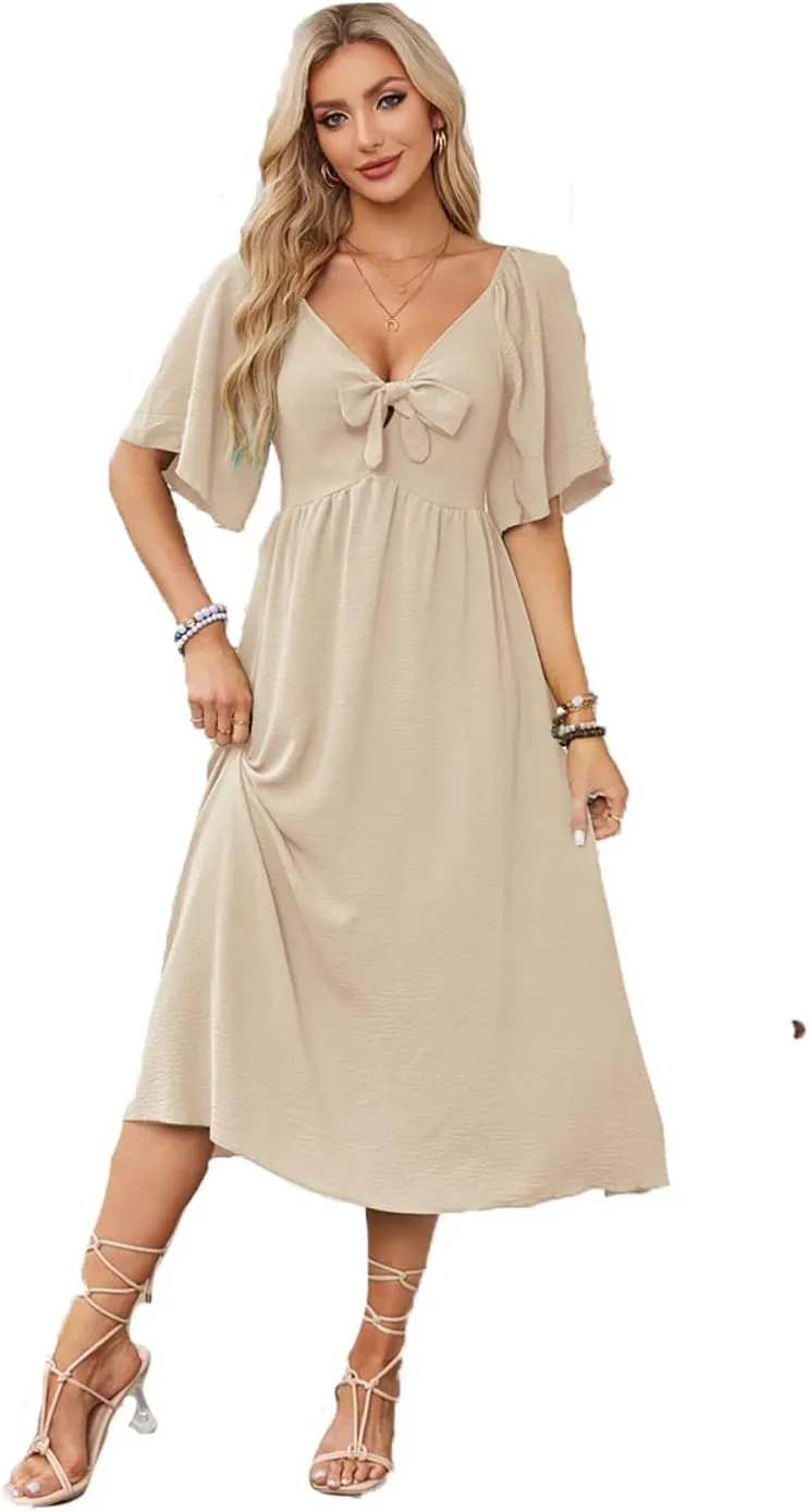 Plustrong Womens Summer Casual Short Sleeve Bow Tie V Neck Ruffle Smocked Flowy Midi Dresses