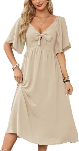 Plustrong Womens Summer Casual Short Sleeve Bow Tie V Neck Ruffle Smocked Flowy Midi Dresses