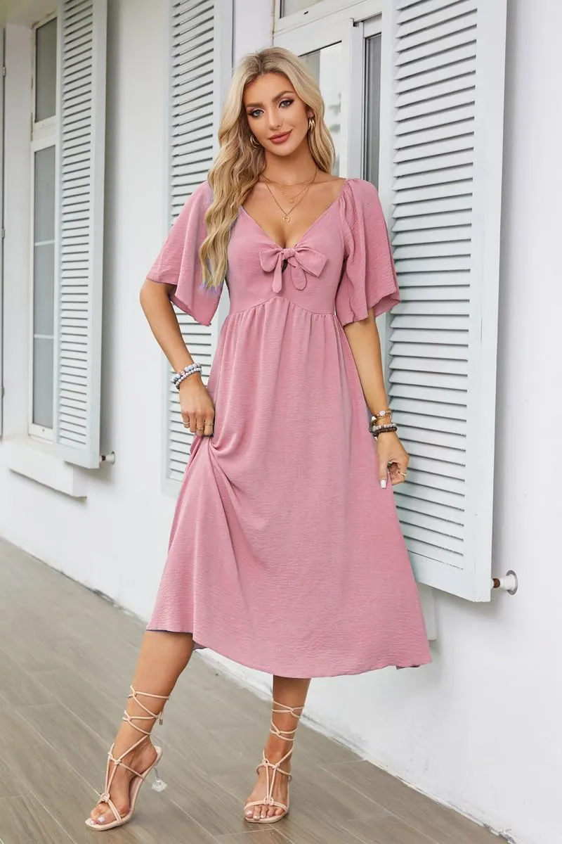 Plustrong Womens Summer Casual Short Sleeve Bow Tie V Neck Ruffle Smocked Flowy Midi Dresses