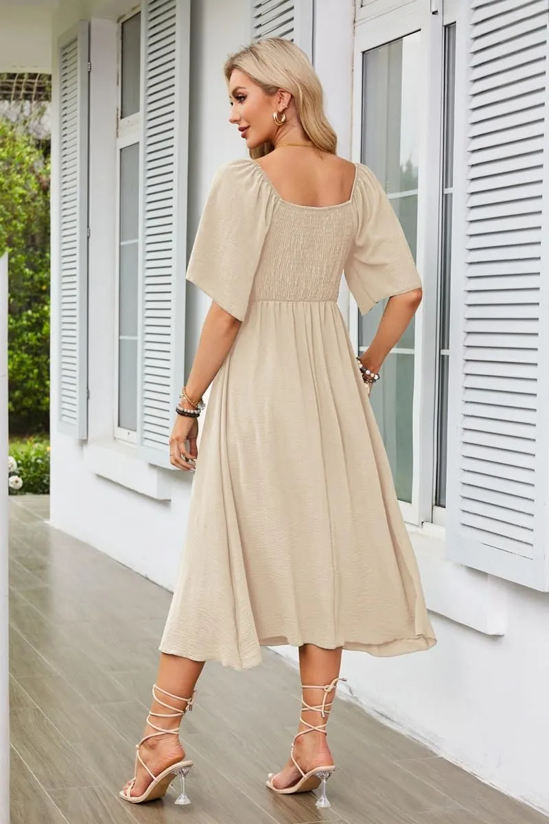 Plustrong Womens Summer Casual Short Sleeve Bow Tie V Neck Ruffle Smocked Flowy Midi Dresses