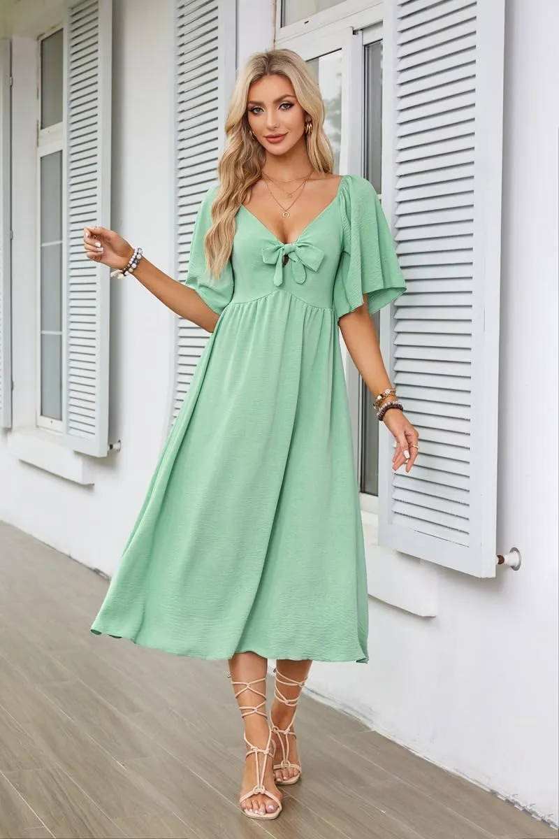 Plustrong Womens Summer Casual Short Sleeve Bow Tie V Neck Ruffle Smocked Flowy Midi Dresses