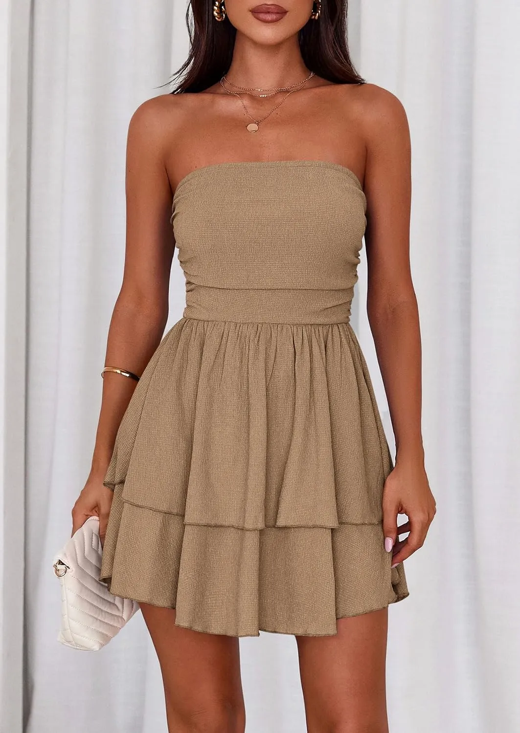PRETTYGARDEN Women's 2025 Summer Strapless Tube Mini Dress Off Shoulder Smocked Ruffle A Line Flowy Short Party Club Dresses