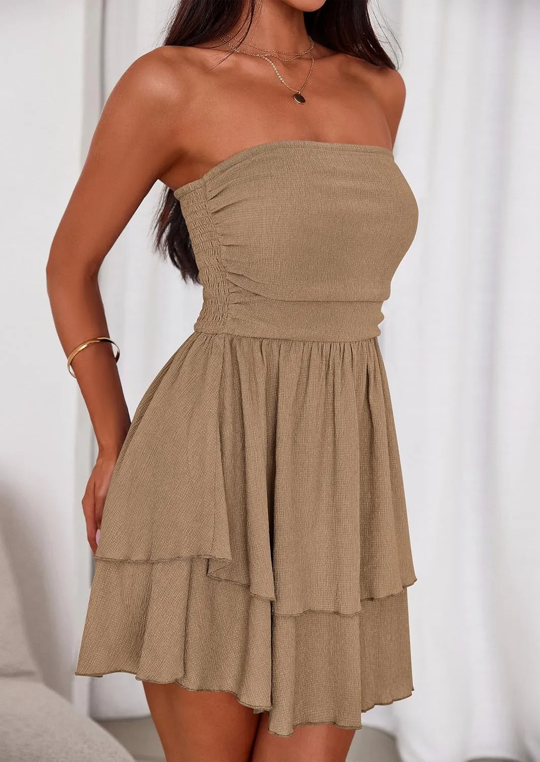 PRETTYGARDEN Women's 2025 Summer Strapless Tube Mini Dress Off Shoulder Smocked Ruffle A Line Flowy Short Party Club Dresses