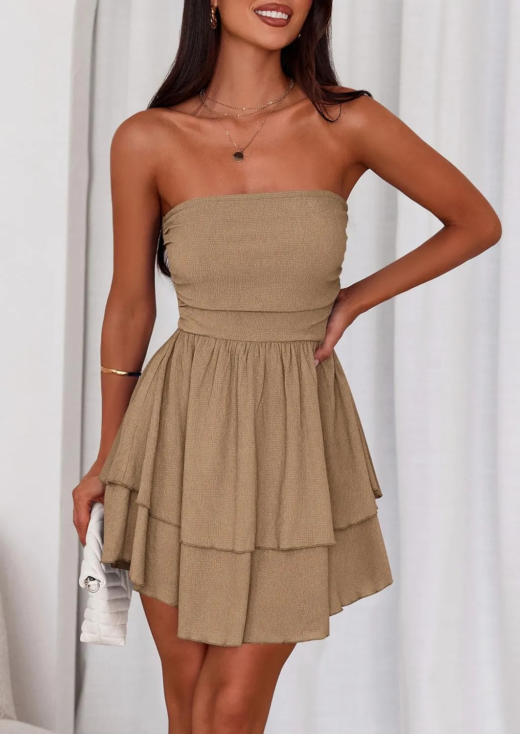 PRETTYGARDEN Women's 2025 Summer Strapless Tube Mini Dress Off Shoulder Smocked Ruffle A Line Flowy Short Party Club Dresses