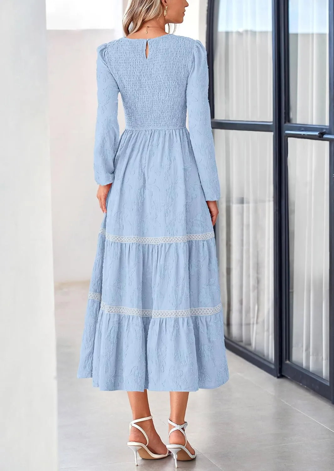 PRETTYGARDEN Women's Spring Midi Dress Fall Elegant Long Sleeve Smocked Flowy Boho Floral Wedding Guest Party Dresses