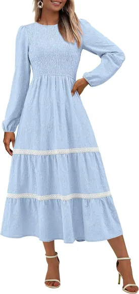 PRETTYGARDEN Women's Spring Midi Dress Fall Elegant Long Sleeve Smocked Flowy Boho Floral Wedding Guest Party Dresses