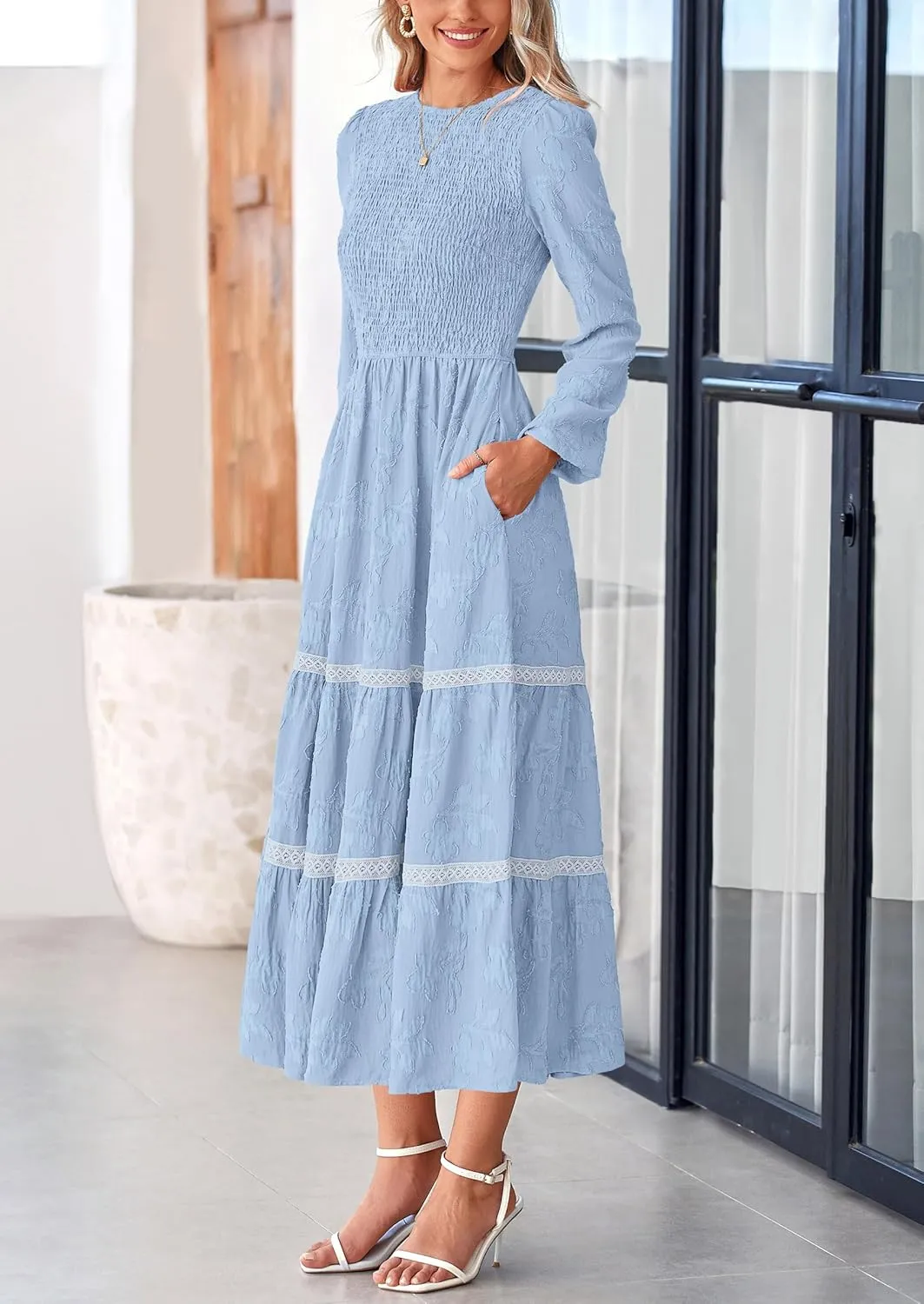 PRETTYGARDEN Women's Spring Midi Dress Fall Elegant Long Sleeve Smocked Flowy Boho Floral Wedding Guest Party Dresses