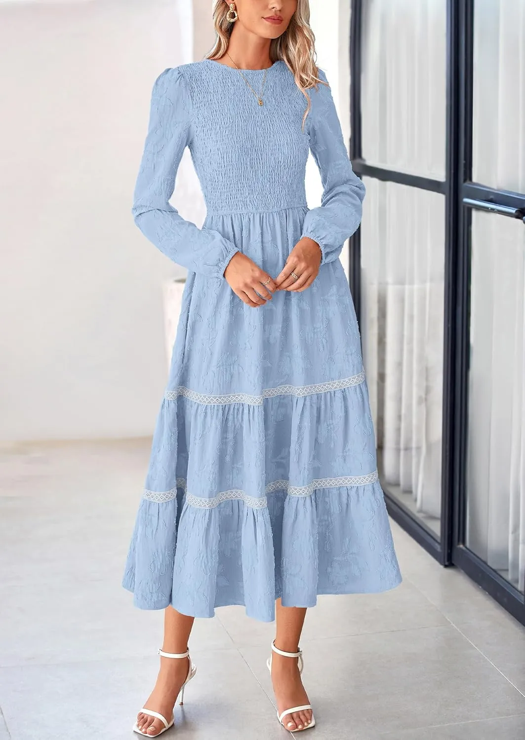PRETTYGARDEN Women's Spring Midi Dress Fall Elegant Long Sleeve Smocked Flowy Boho Floral Wedding Guest Party Dresses