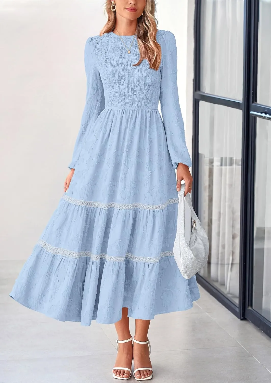 PRETTYGARDEN Women's Spring Midi Dress Fall Elegant Long Sleeve Smocked Flowy Boho Floral Wedding Guest Party Dresses