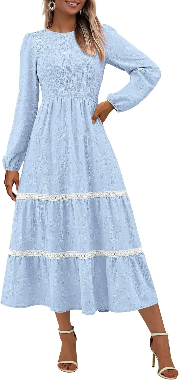 PRETTYGARDEN Women's Spring Midi Dress Fall Elegant Long Sleeve Smocked Flowy Boho Floral Wedding Guest Party Dresses