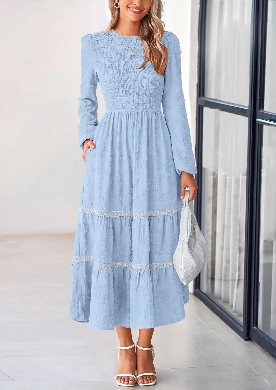 PRETTYGARDEN Women's Spring Midi Dress Fall Elegant Long Sleeve Smocked Flowy Boho Floral Wedding Guest Party Dresses