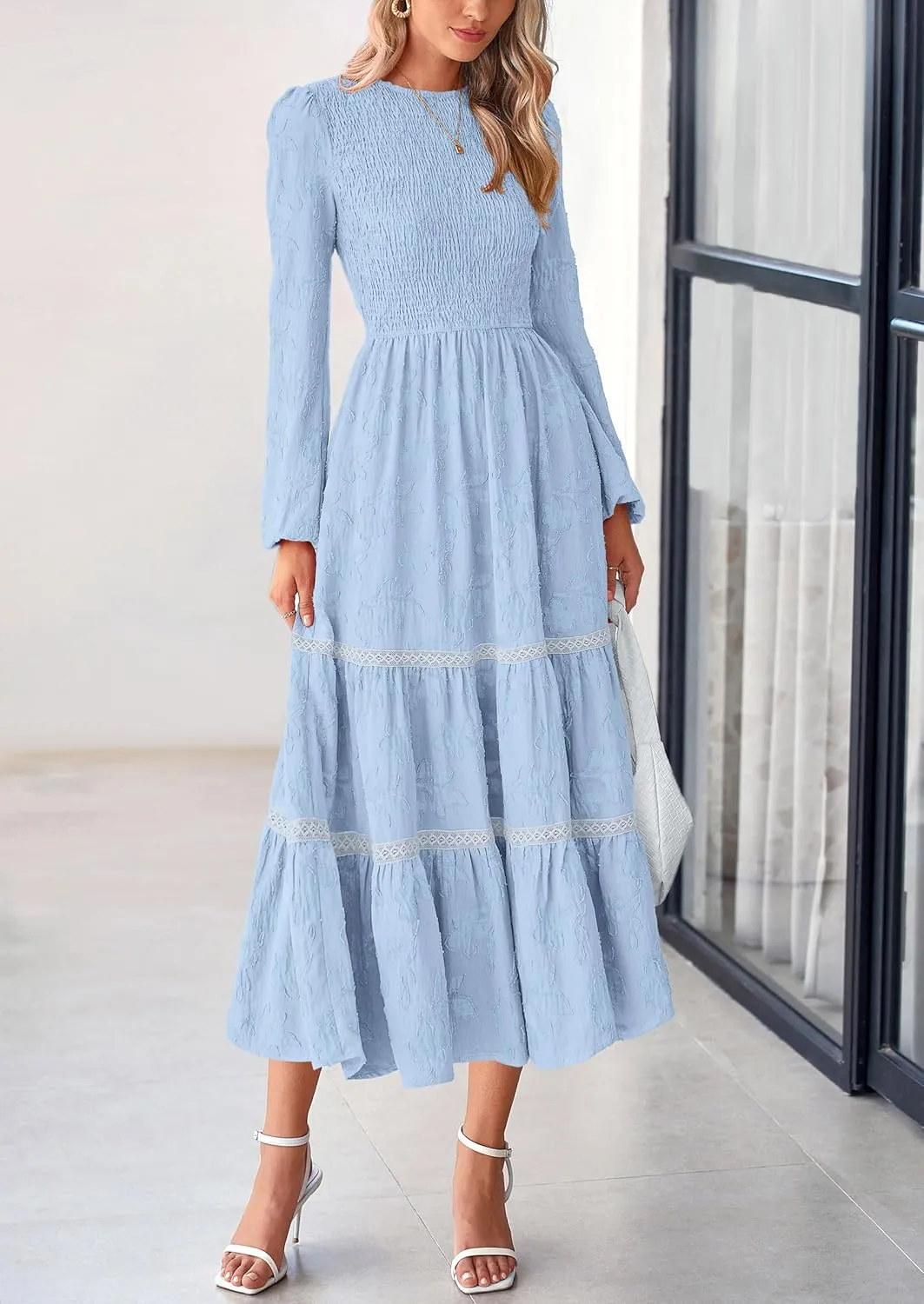 PRETTYGARDEN Women's Spring Midi Dress Fall Elegant Long Sleeve Smocked Flowy Boho Floral Wedding Guest Party Dresses