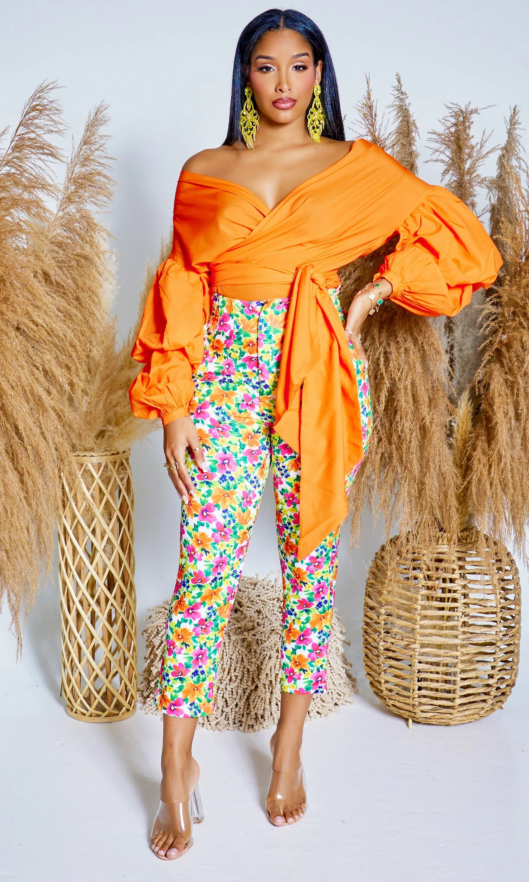Puff Sleeve Twist Front Top - Orange
