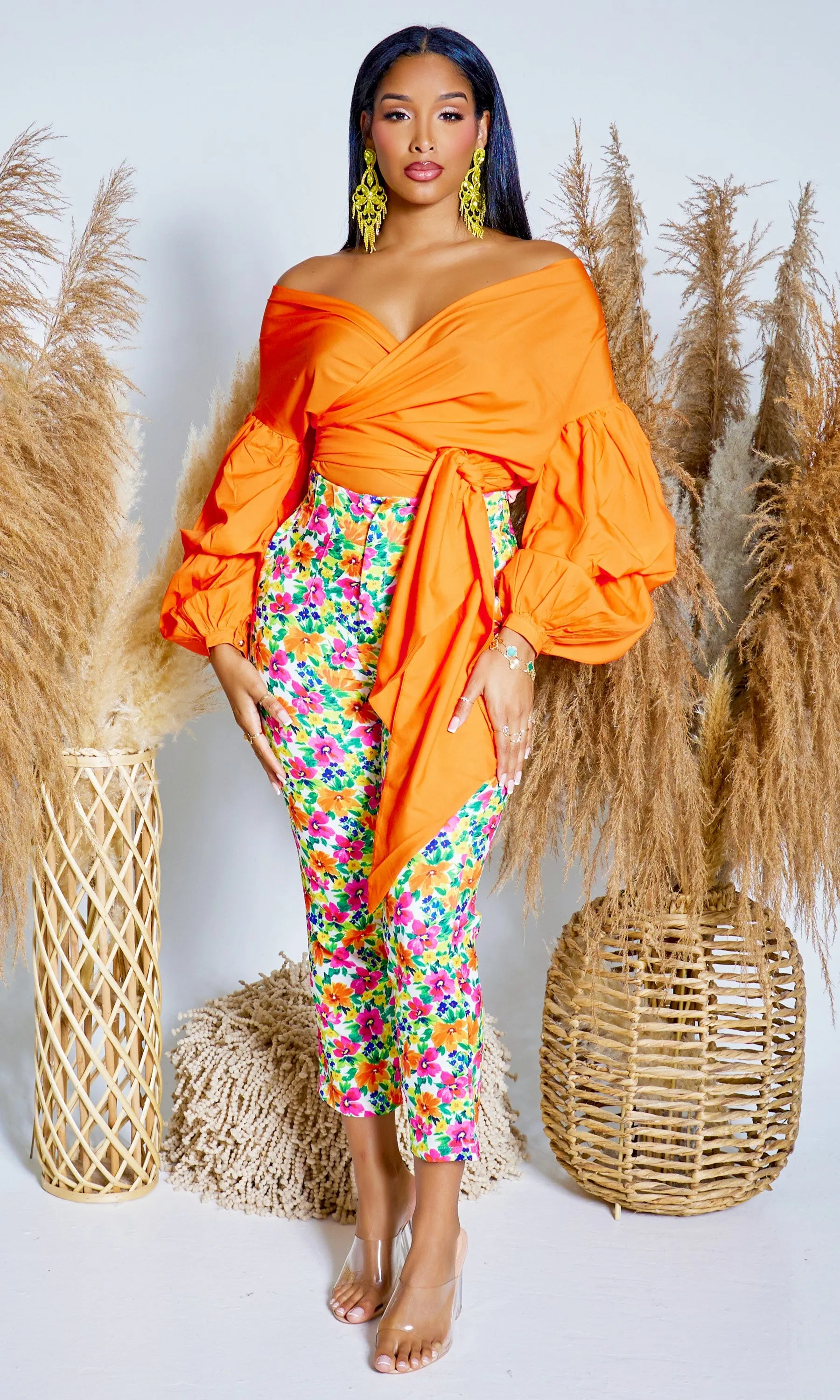 Puff Sleeve Twist Front Top - Orange